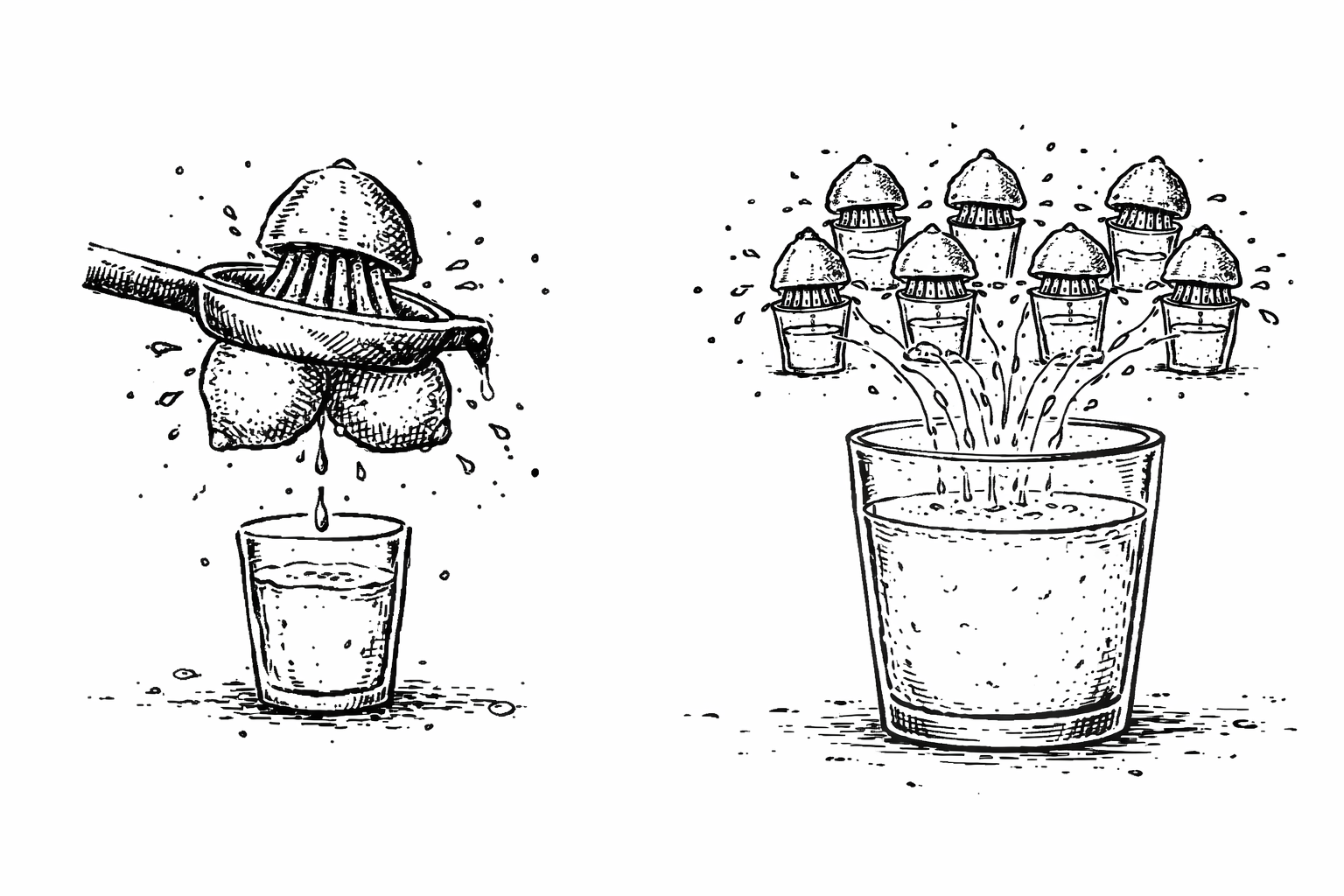 Illustration of squeezing lemons — one careful squeeze vs many lemons squeezed at once